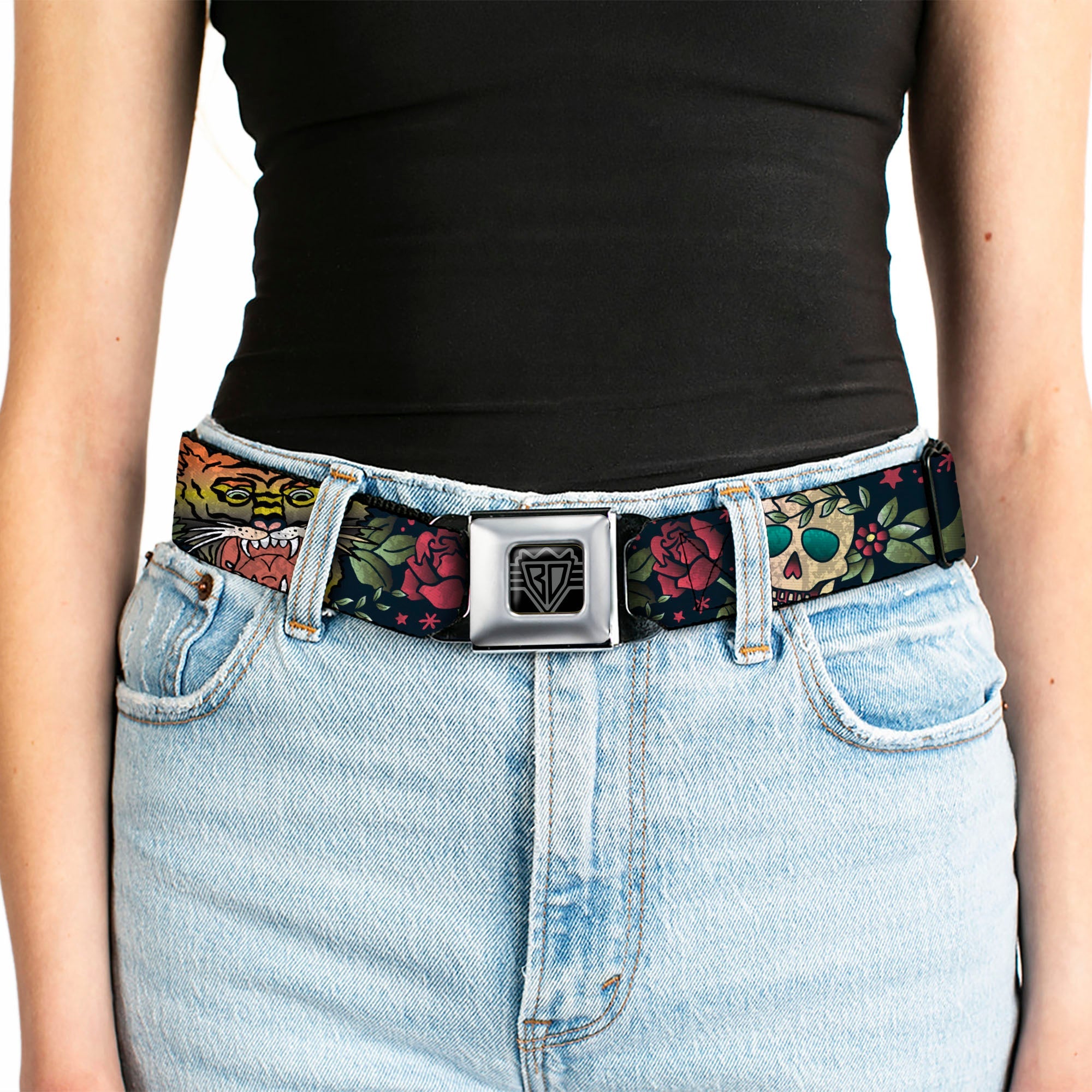 BD Wings Logo CLOSE-UP Full Color Black Silver Seatbelt Belt - Death Before Dishonor CLOSE-UP Black Webbing