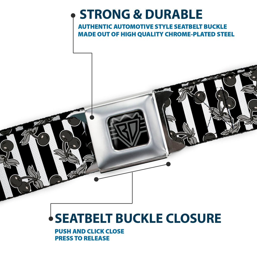 BD Wings Logo CLOSE-UP Full Color Black Silver Seatbelt Belt - Cherries Scattered/Vertical Stripe White/Black/Grays Webbing