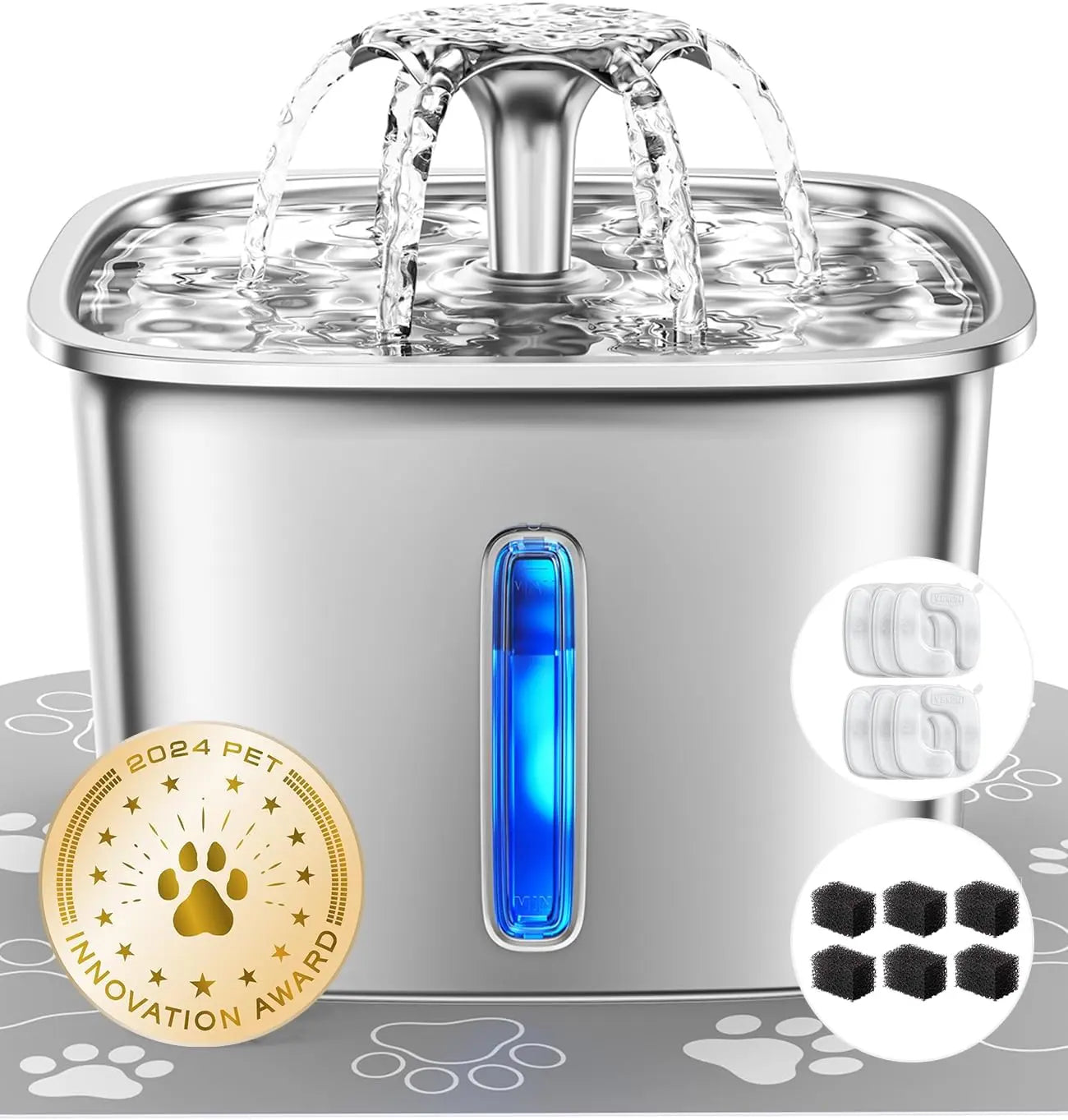 Stainless Steel Cat Water Fountain 95oz with 5-Stage Filtration & LED