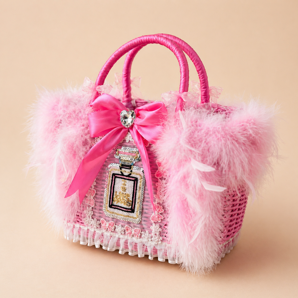 Luxury Pink Feather Pet Carrier Bag with Bow & Crystal Charm – Designer Dog Tote for Small Dogs Cats