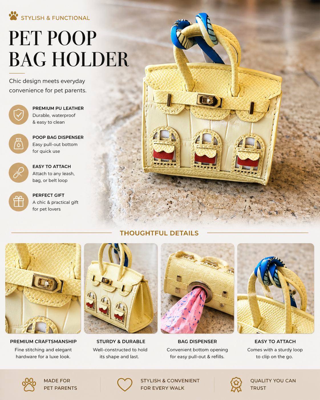 Luxury Dog Poop Bag Holder | Designer Waste Bag Dispenser Clip-On
