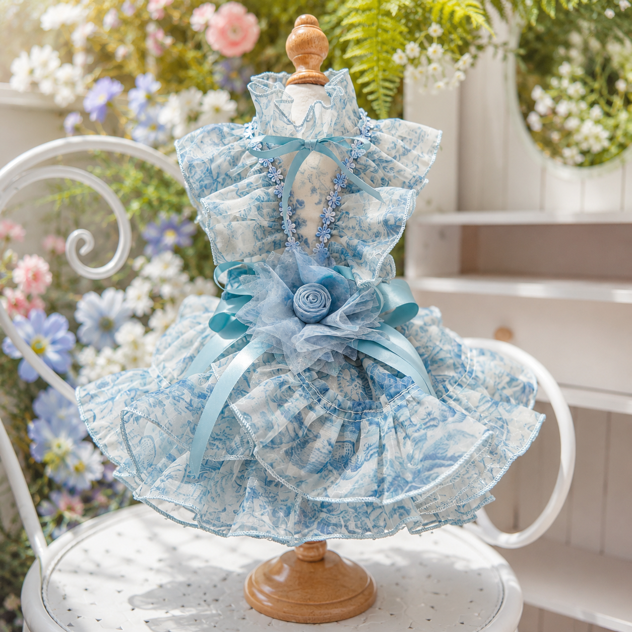 Luxury Blue Floral Pet Wedding Dress with Detachable Long Train Princess Gown