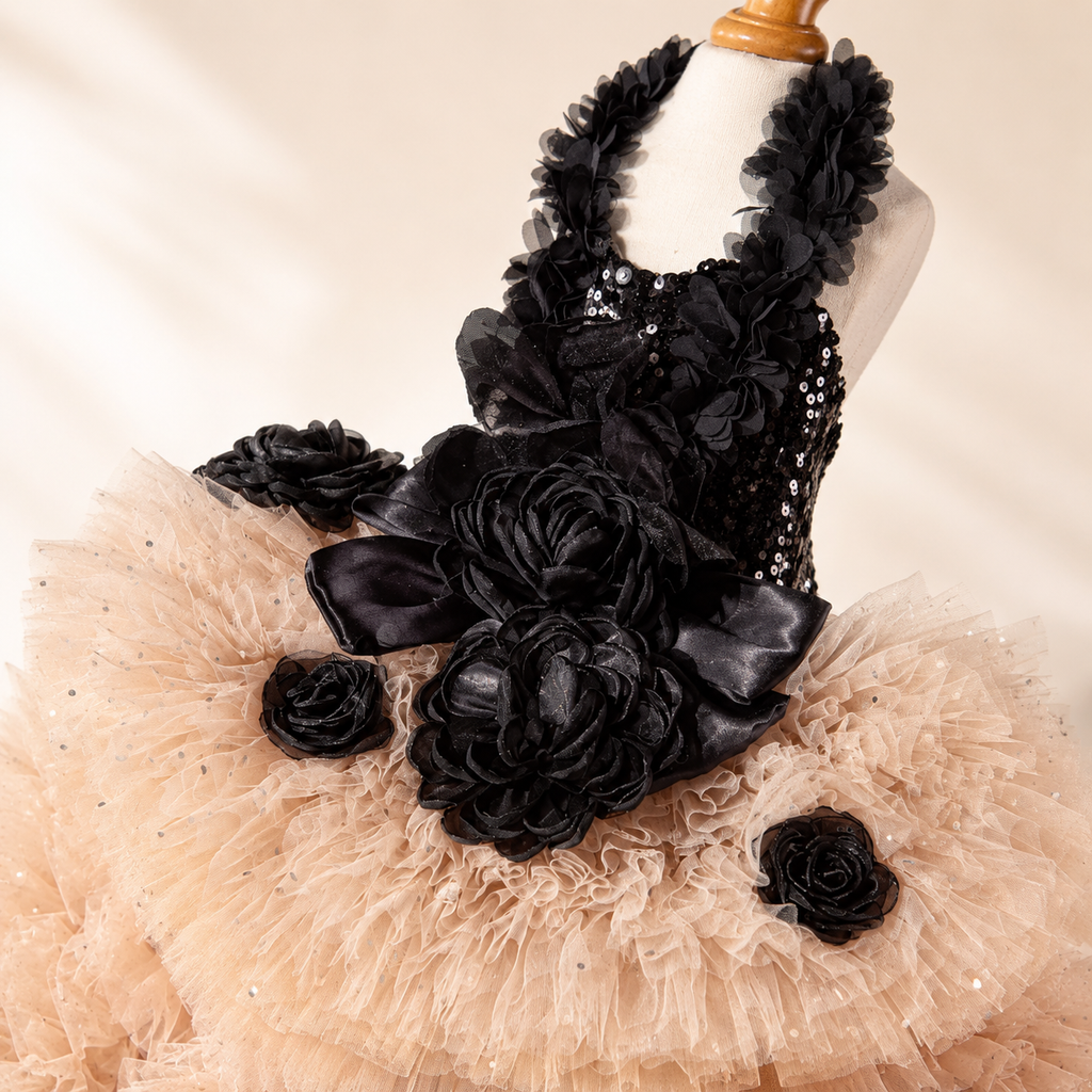 Luxury Black & Champagne Dog Wedding Dress Detachable Train Pet Bridal Gown Sequined Floral Formal Dress for Weddings Photoshoots & Special Events