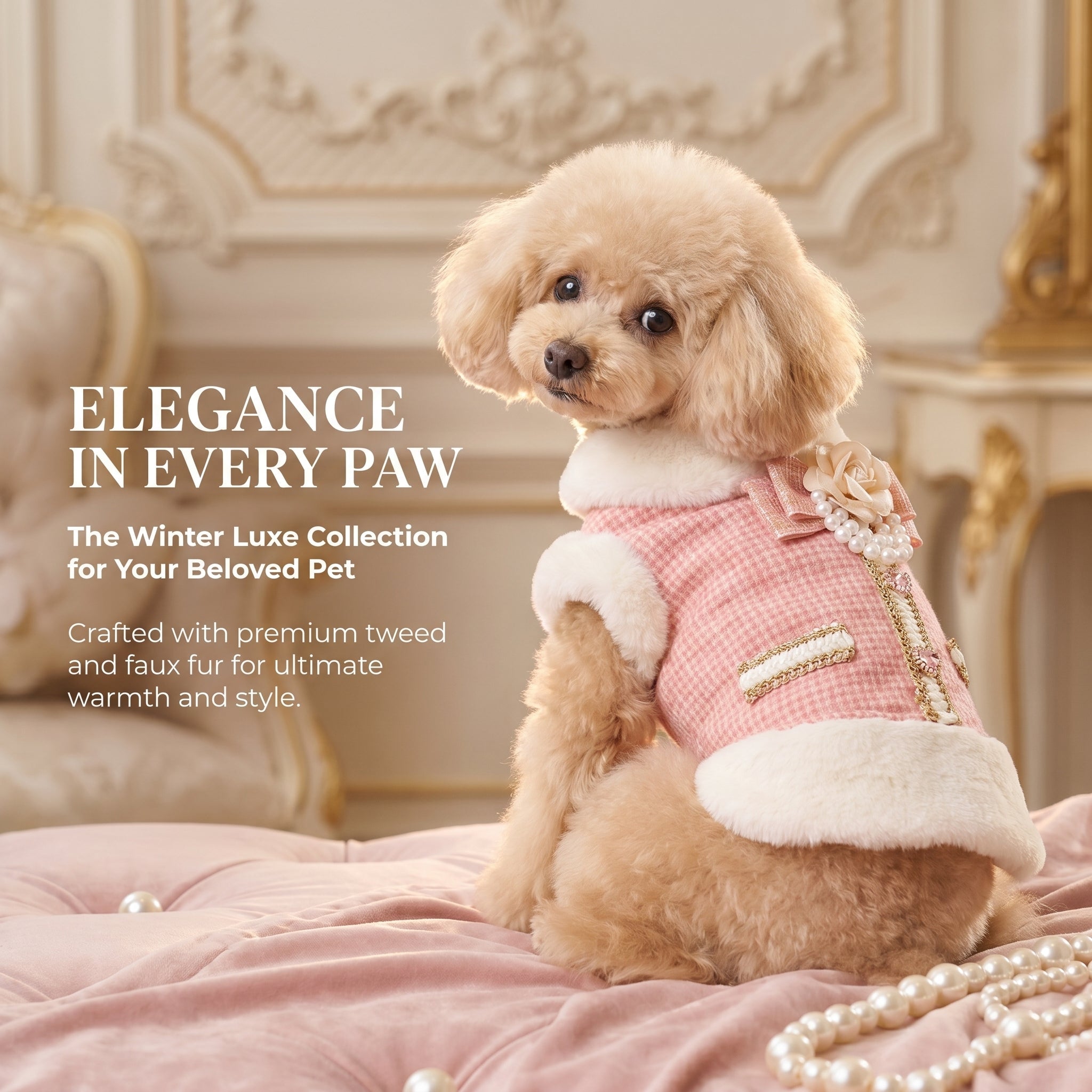 Pink Tweed Pearl Dog Coat Vest with Faux Fur Trim