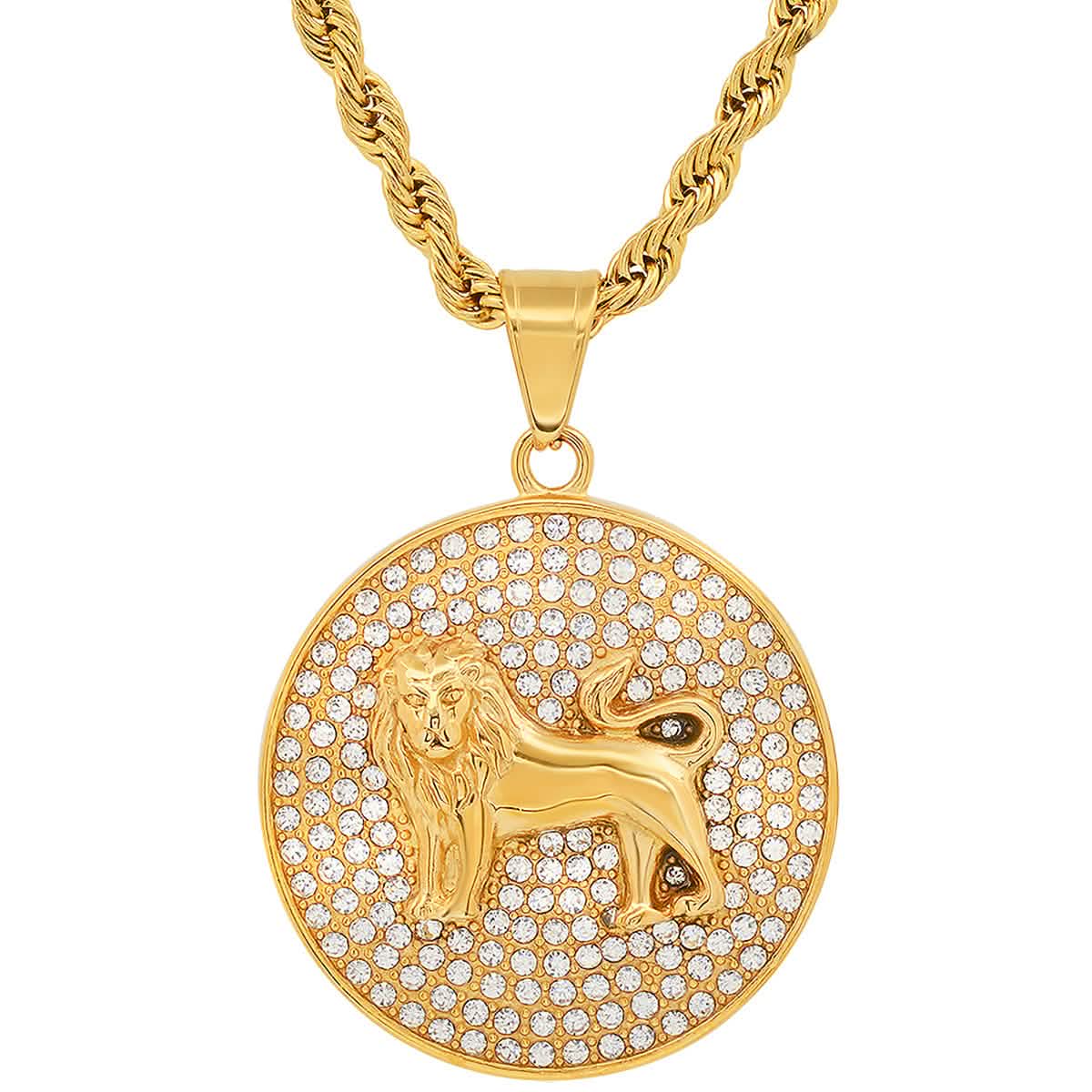 Men's 18k Gold Plated Stainless Steel And Simulated Diamonds Round Lion Pendant