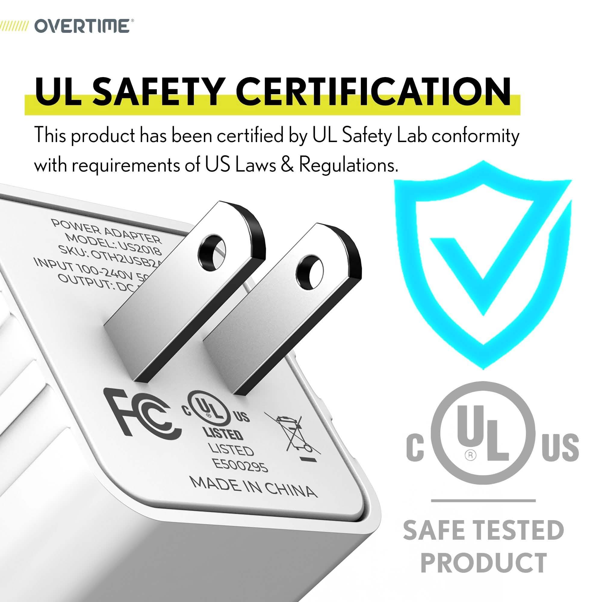 Overtime Apple MFi Certified Lightning Cable 6ft with Dual USB Wall Charger Adapter