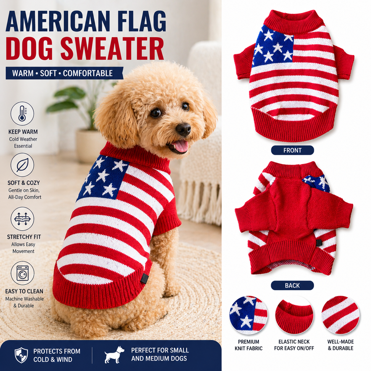 American Flag Dog Sweater | Warm Patriotic Knit Sweater for Small & Medium Dogs