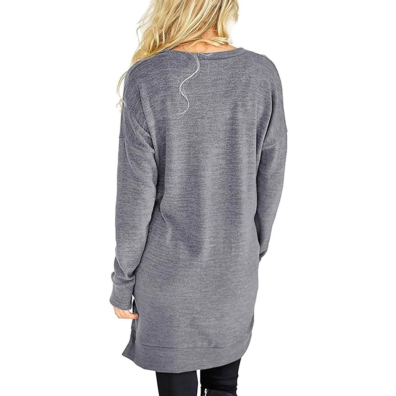 Womens Casual Long Sleeves Solid V-Neck Tunics Shirt Tops with Pockets